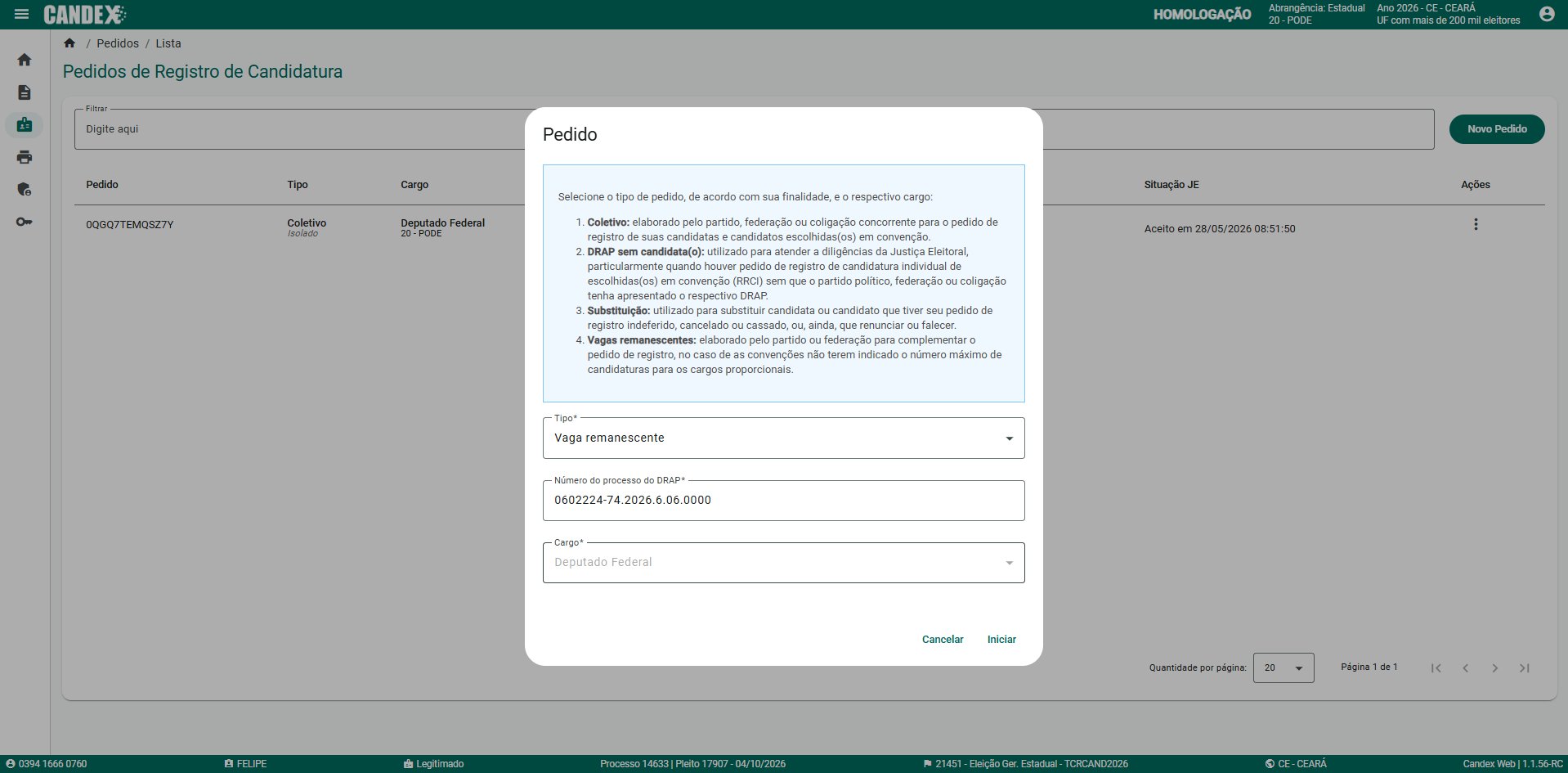 B�nus B1 - Tela 5: Modal Pedido com tipo Vaga remanescente, n�mero DRAP e cargo preenchidos