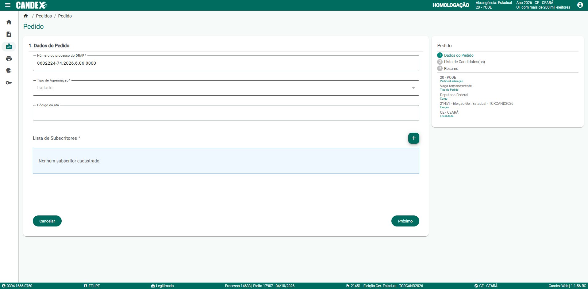 B�nus B1 - Tela 7: Etapa 1 Dados do Pedido com n�mero DRAP, tipo agremia��o e lista de subscritores