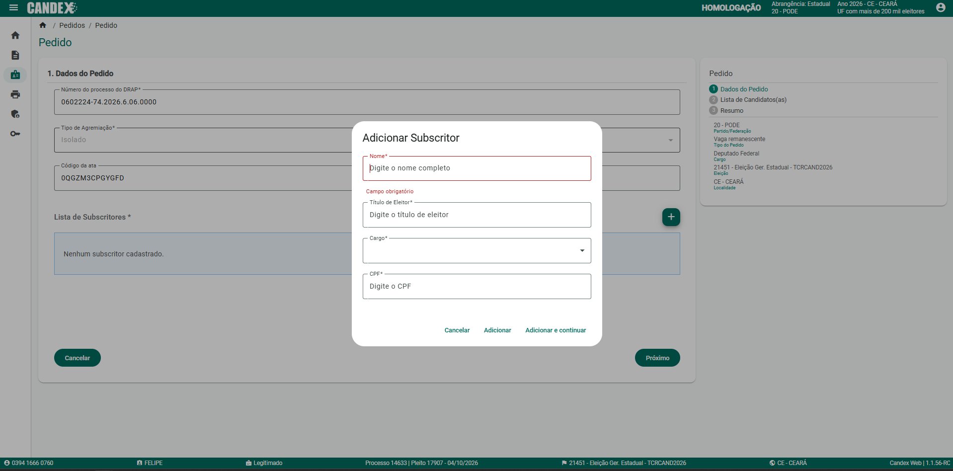 B�nus B1 - Tela 8: Modal Adicionar Subscritor com campos Nome, T�tulo de Eleitor, Cargo e CPF