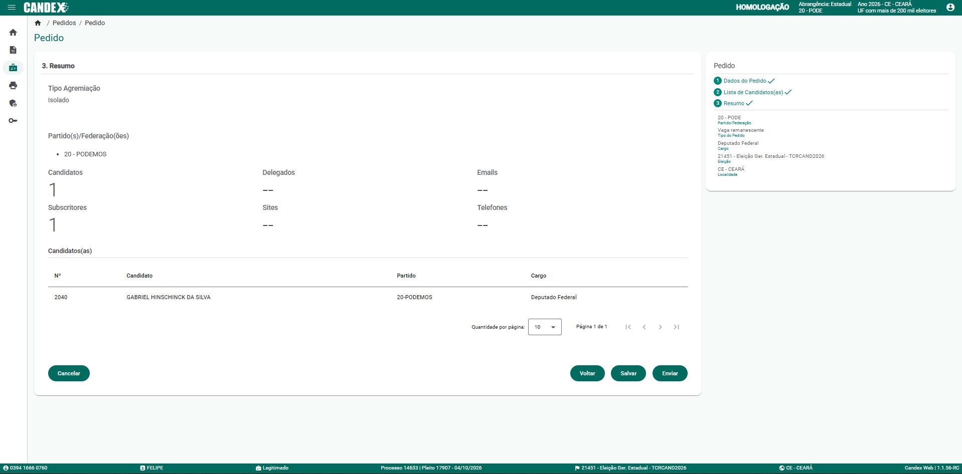 B�nus B1 - Tela 17: Resumo do pedido com tipo agremia��o, partido, candidatos e subscritores