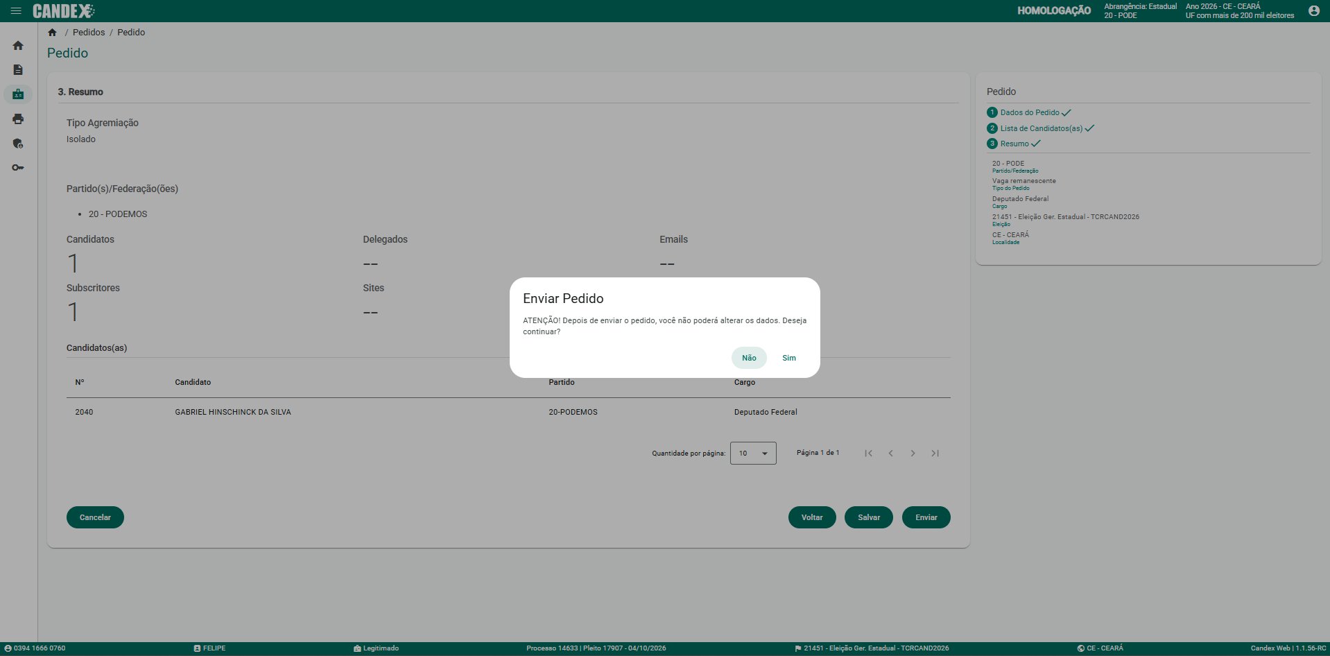 B�nus B1 - Tela 18: Modal Enviar Pedido com alerta de que os dados n�o poder�o ser alterados