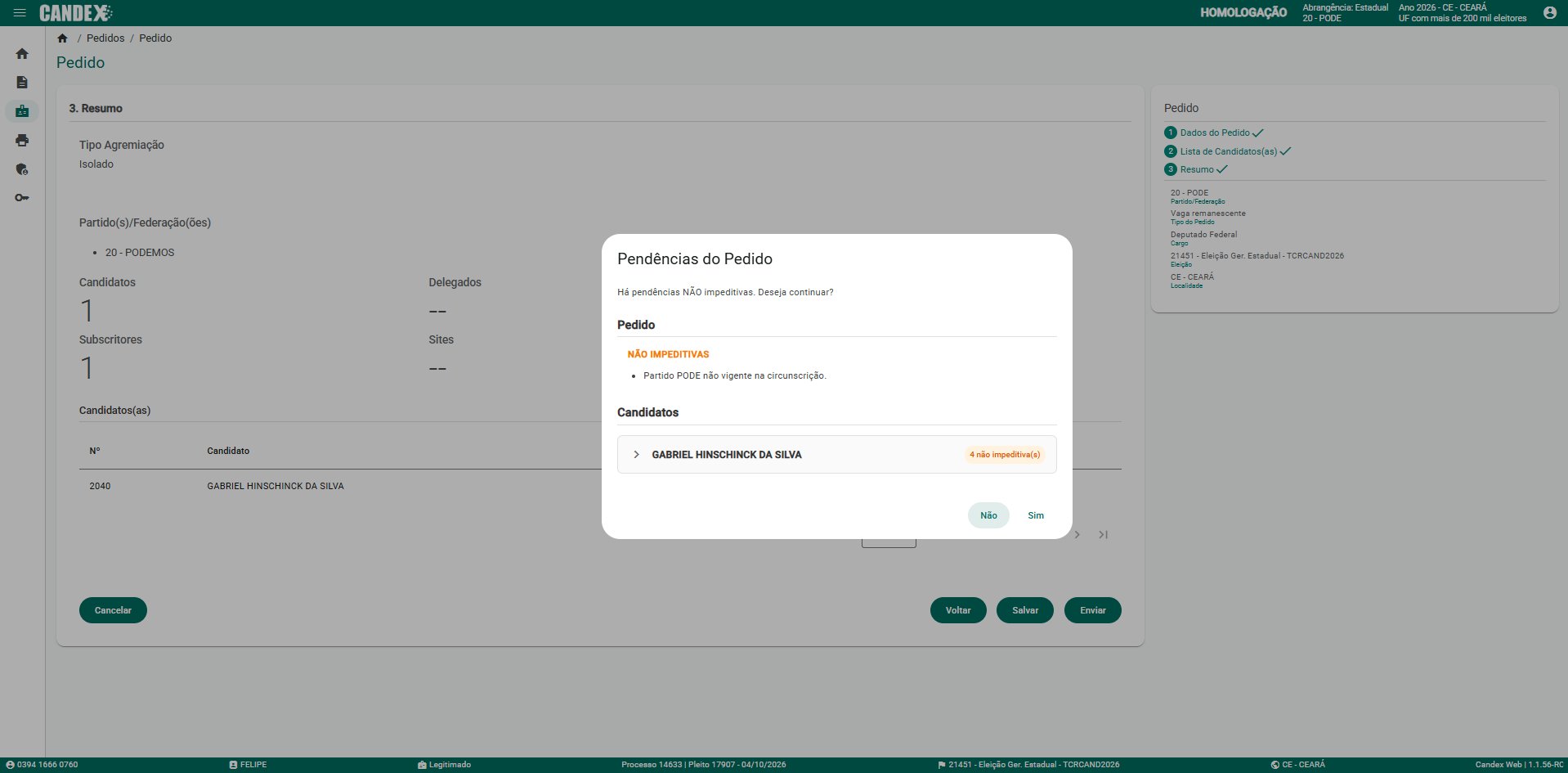 B�nus B1 - Tela 19: Modal Pend�ncias do Pedido com pend�ncias n�o impeditivas