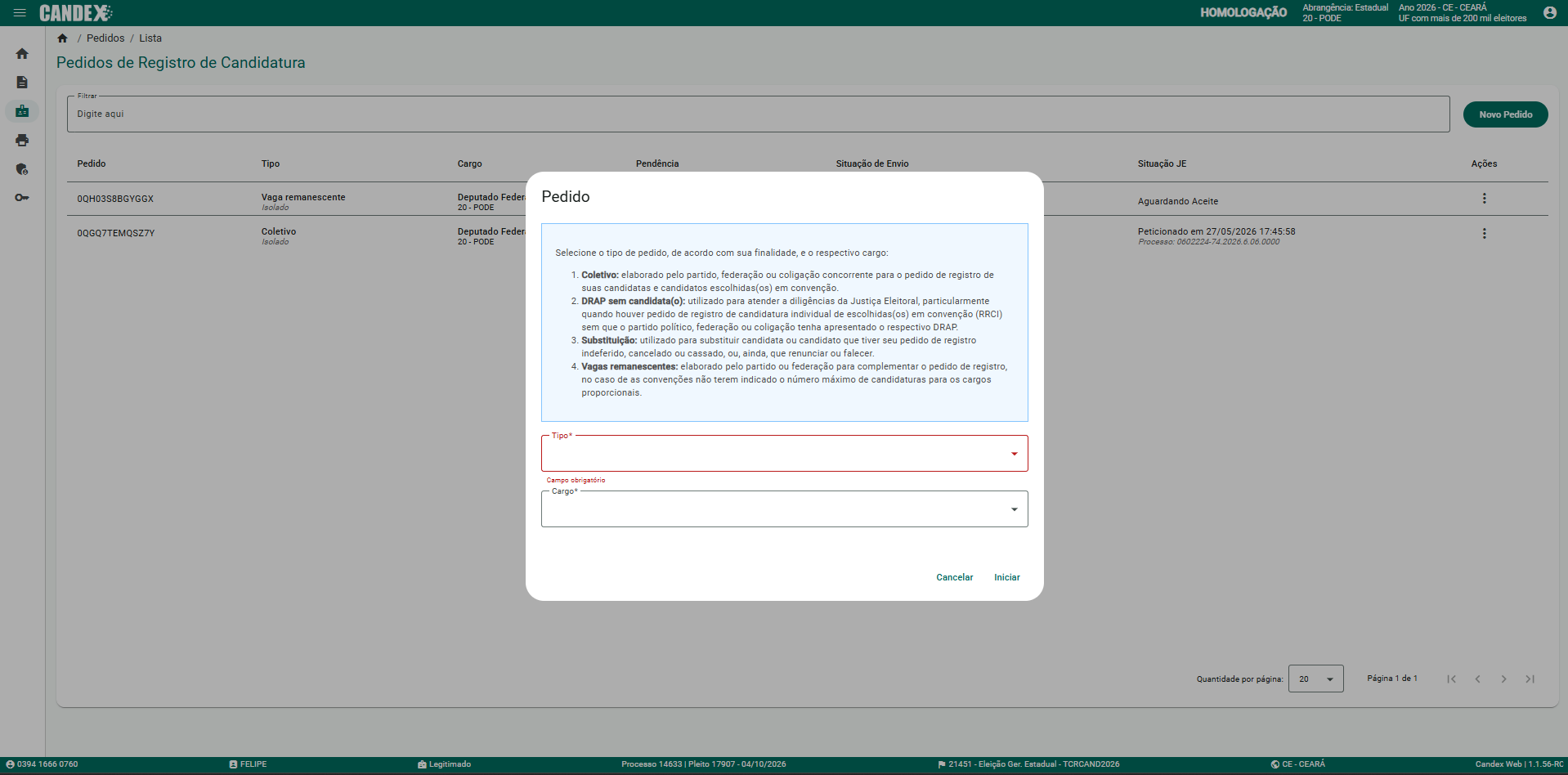 B�nus B2 - Tela 2: MODAL PEDIDO — SELE��O DO TIPO