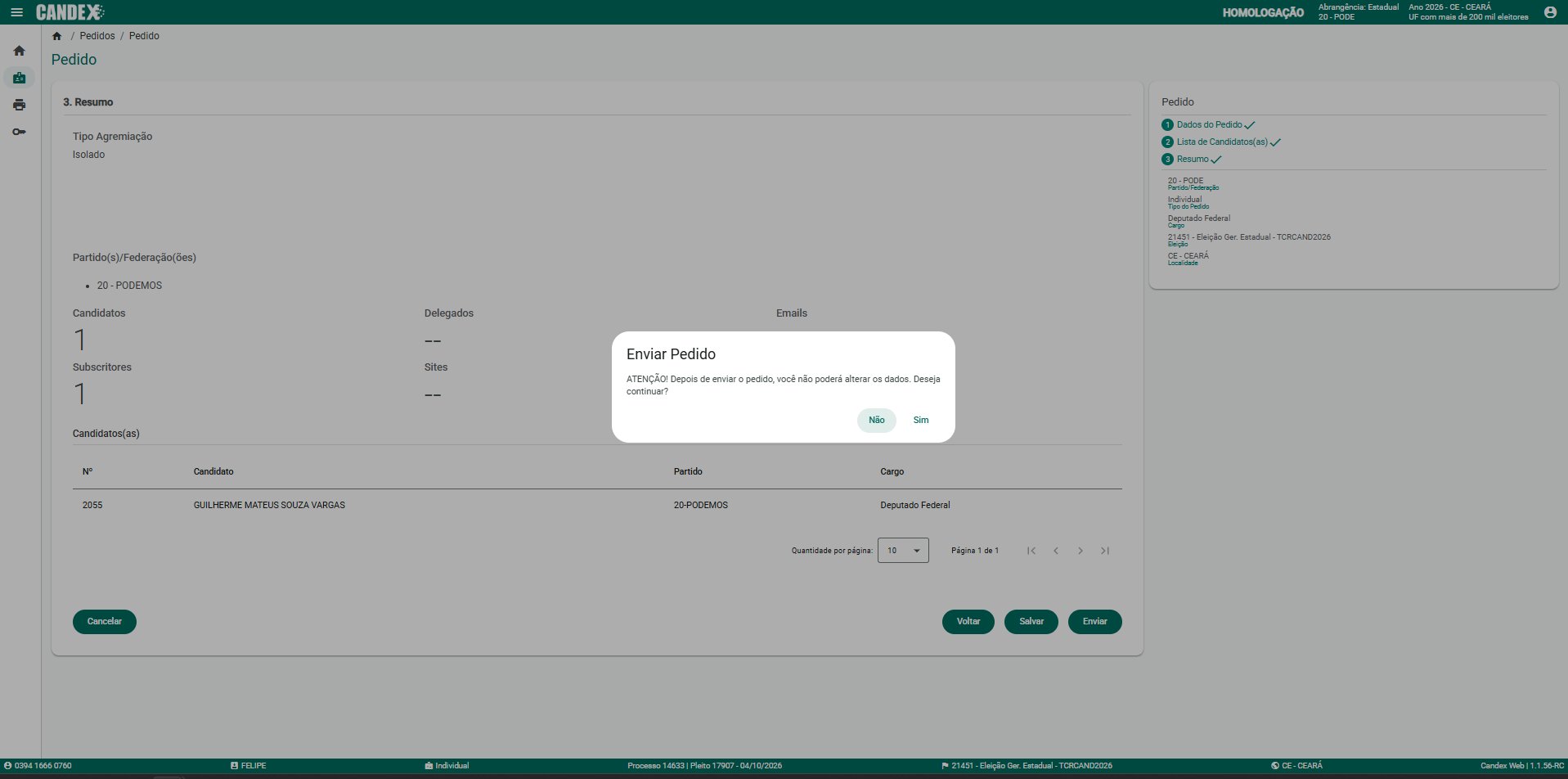 B�nus B3 - Tela 16: Modal de confirma��o de envio do pedido