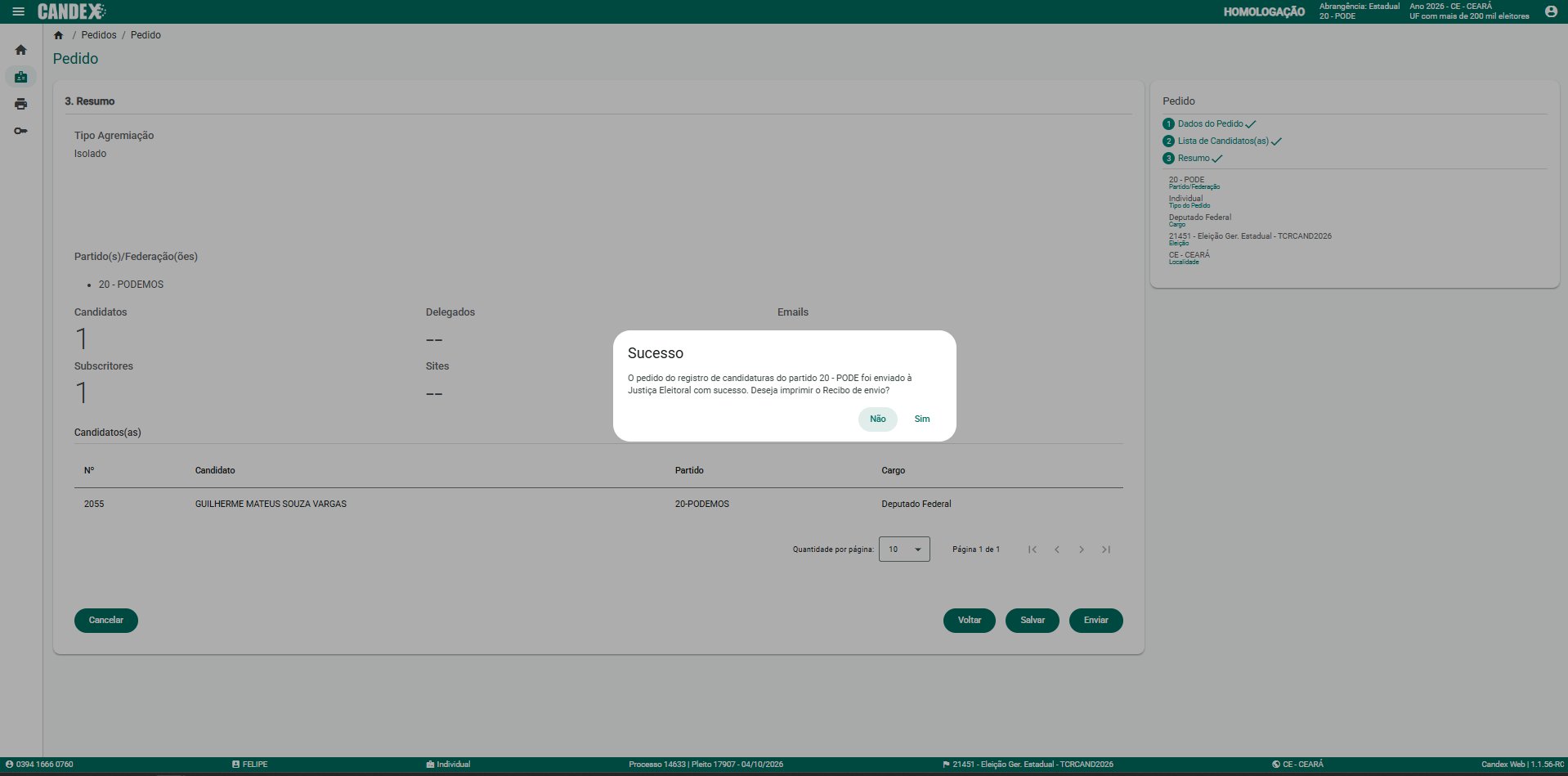B�nus B3 - Tela 18: Modal de Sucesso no envio do pedido
