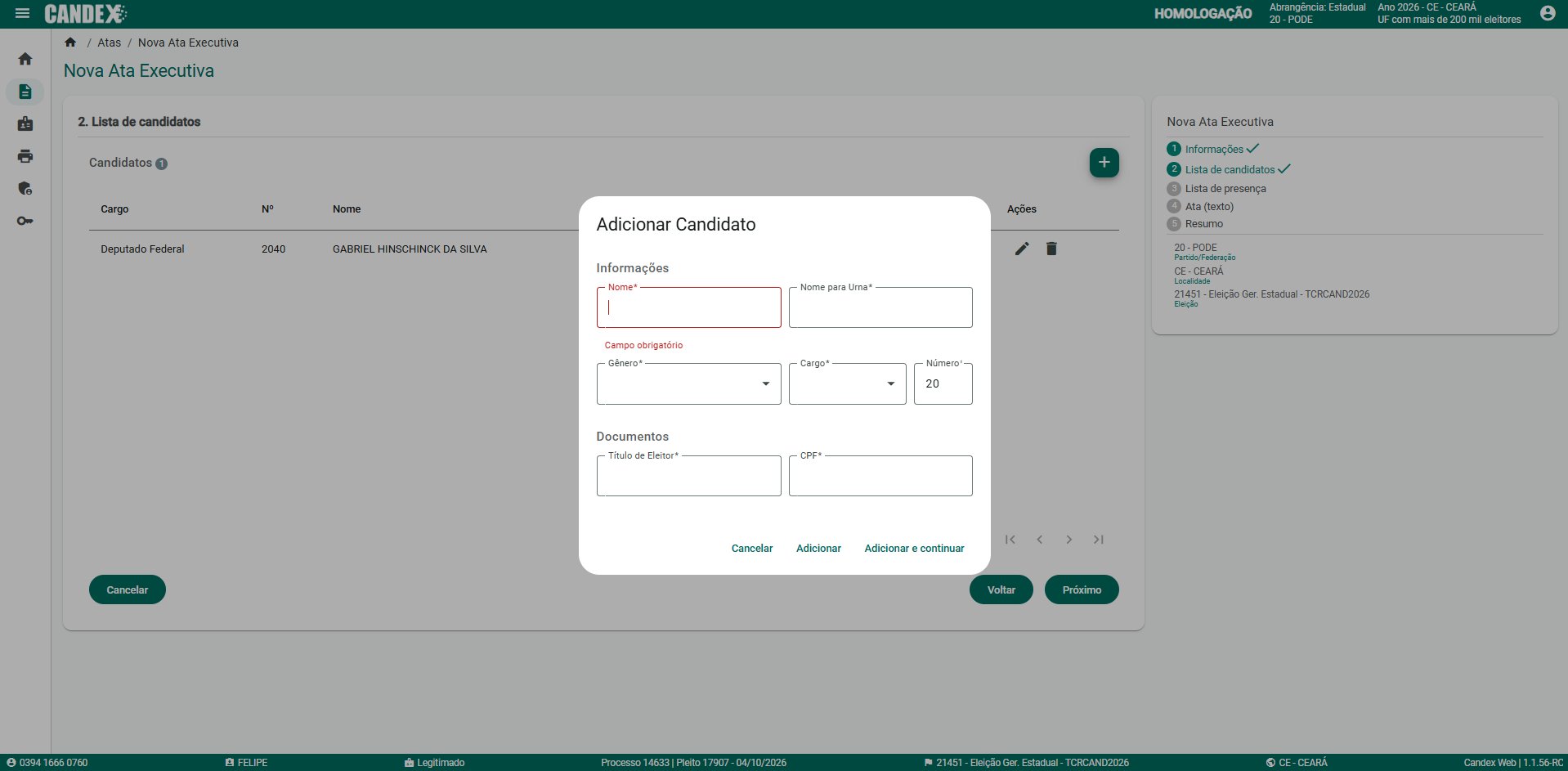 Fase 4 - Tela 4: Modal de Adicionar Candidato com campos Nome, G�nero, Cargo e Documentos