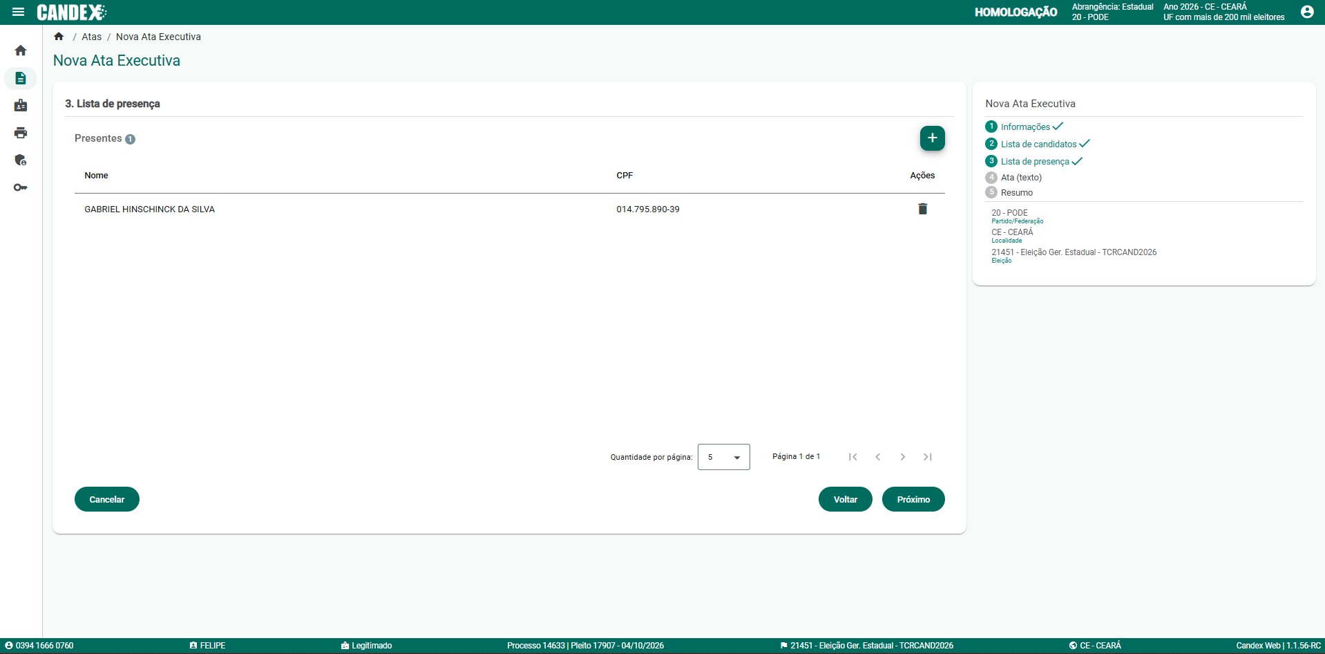 Fase 4 - Tela 7: Lista de presen�a com GABRIEL HINSCHINCK DA SILVA importado