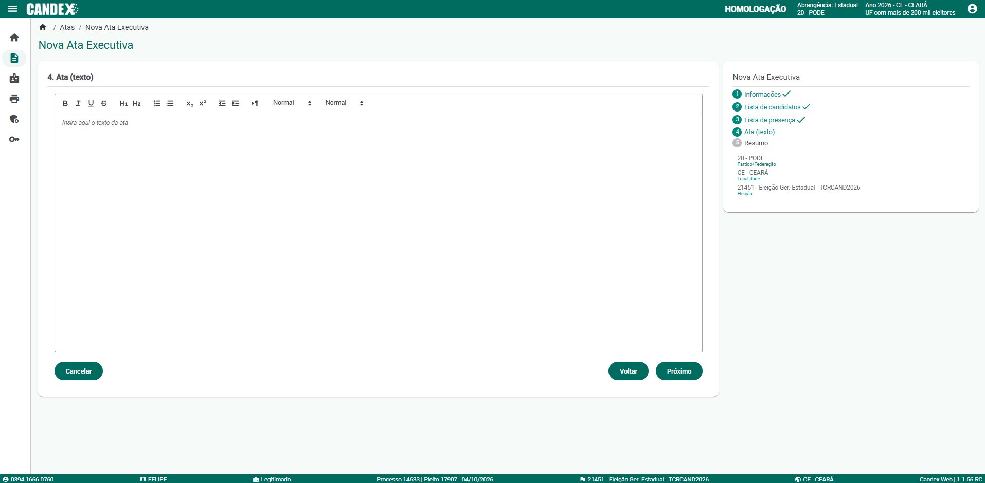 Fase 4 - Tela 9: Editor de texto da Ata Executiva liberado ap�s confirma��o de ci�ncia