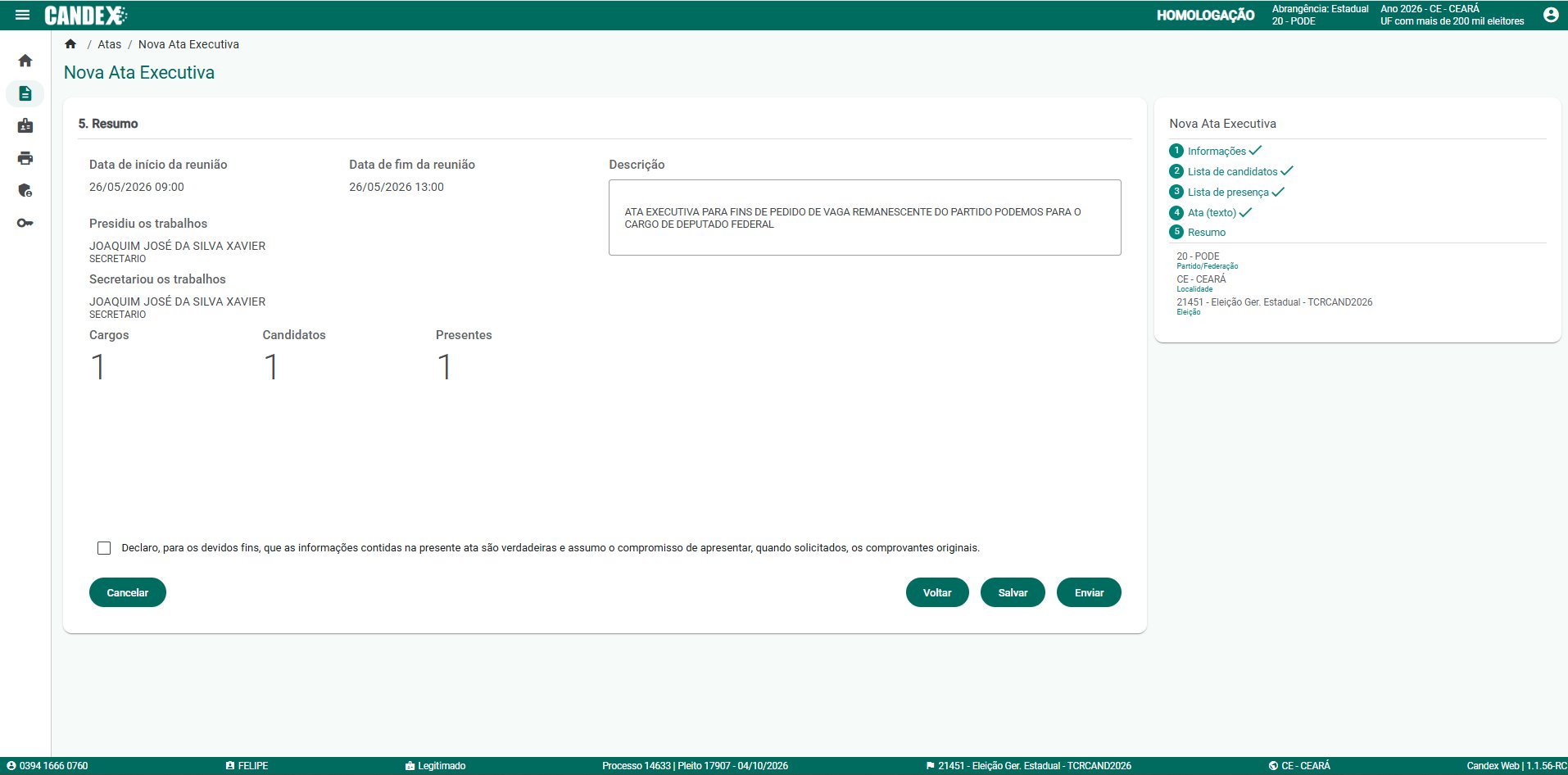 Fase 4 - Tela 10: Resumo da Nova Ata Executiva com todos os dados preenchidos
