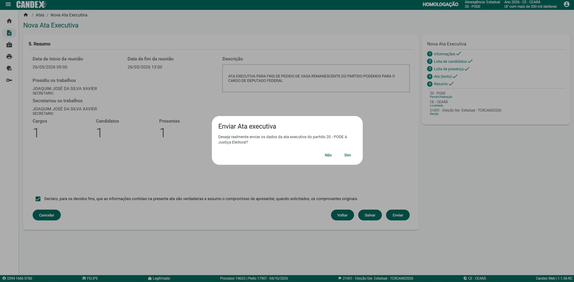 Fase 4 - Tela 11: Modal Enviar Ata Executiva perguntando se confirma o envio