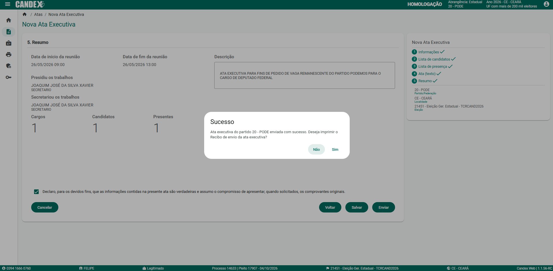 Fase 4 - Tela 12: Modal Sucesso confirmando que a Ata Executiva foi enviada com sucesso
