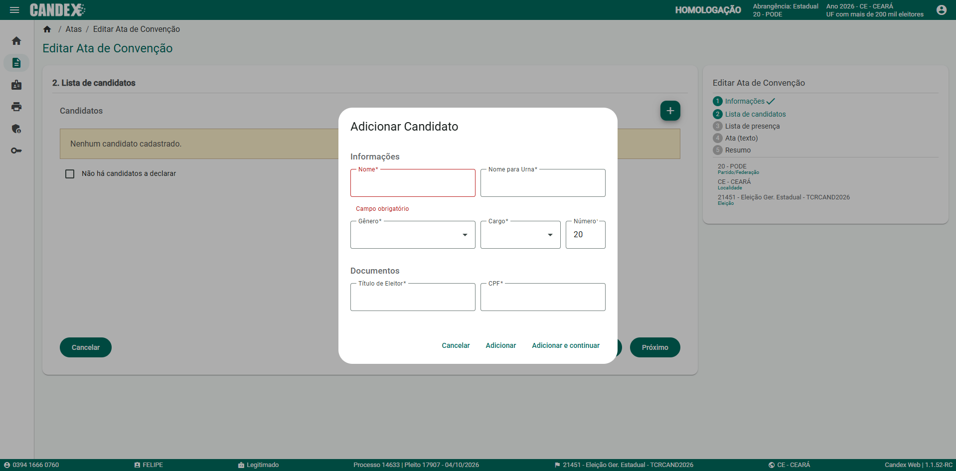 Fase 2 - Tela 11: Adicionar candidato
