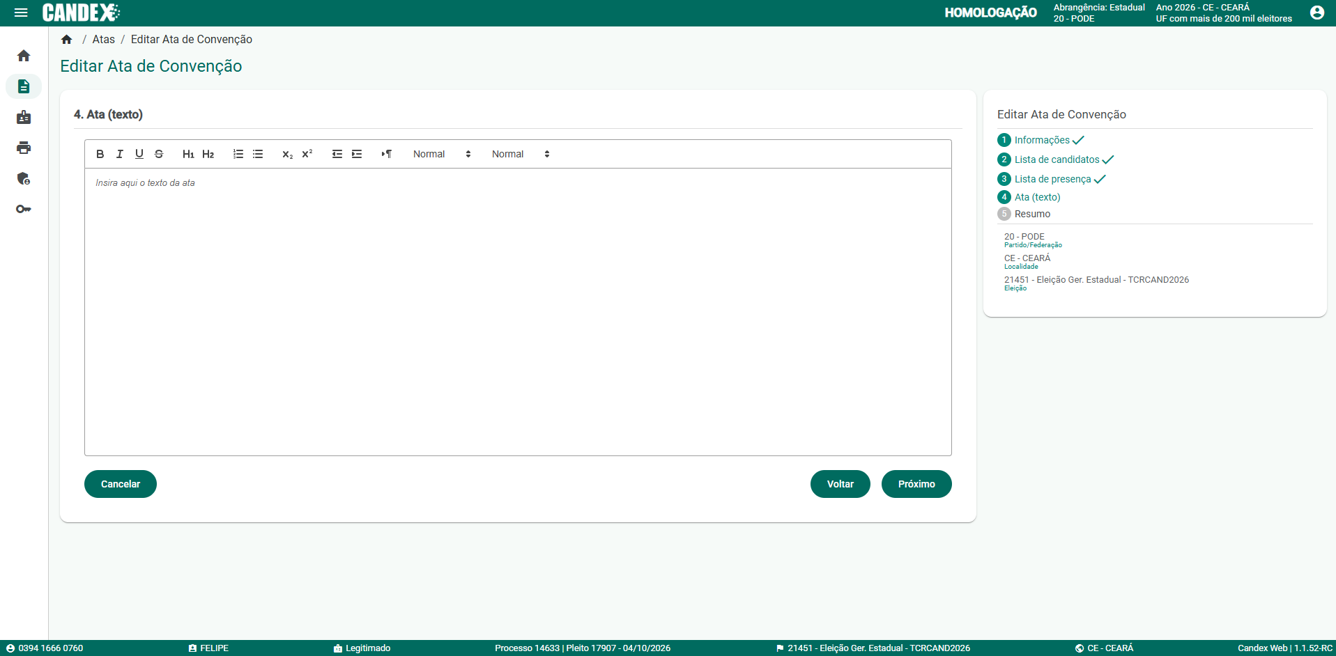 Fase 2 - Tela 16: Editor da Ata de Conven��o liberado