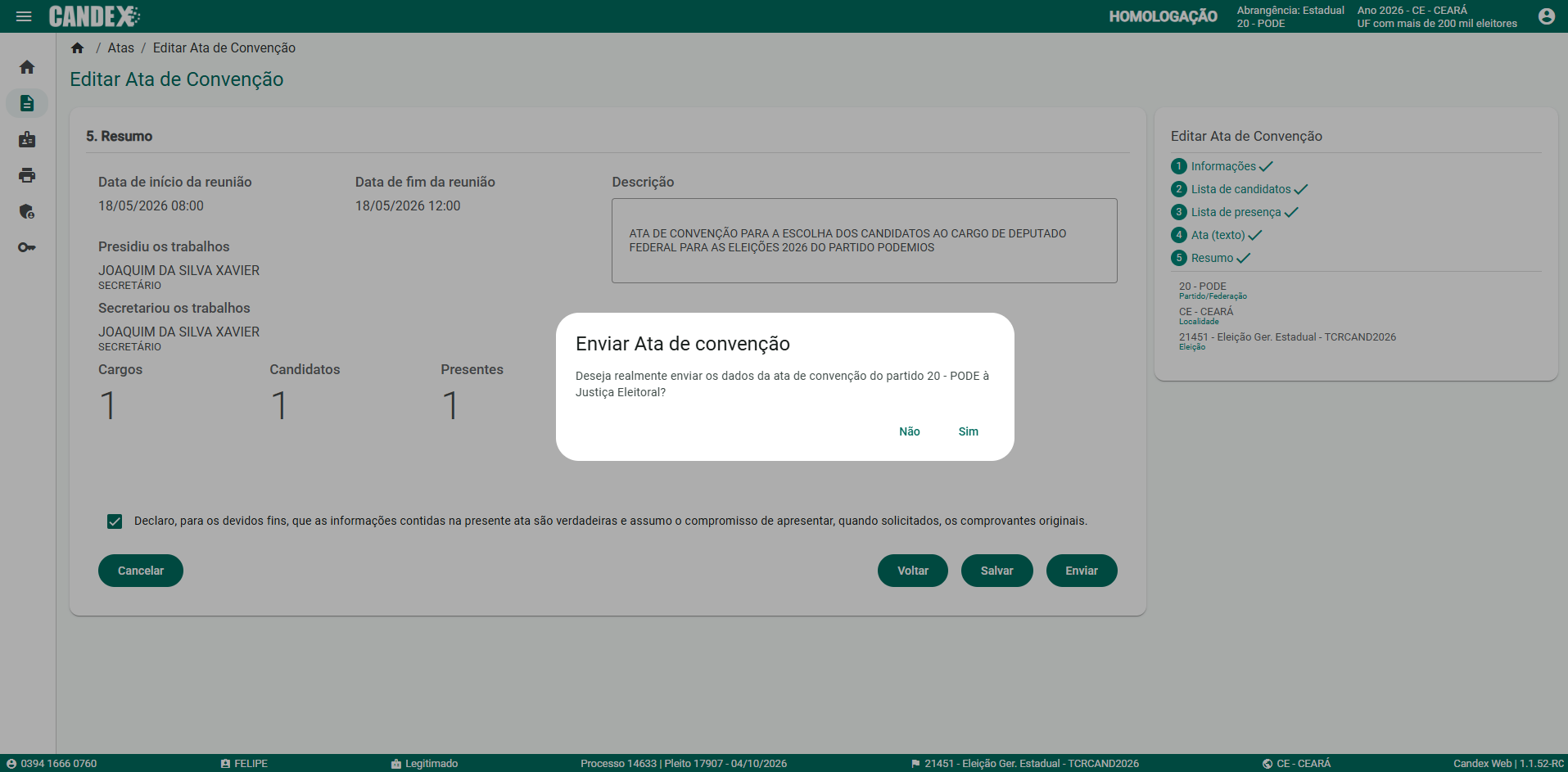 Fase 2 - Tela 18: Confirma��o de envio da Ata de Conven��o