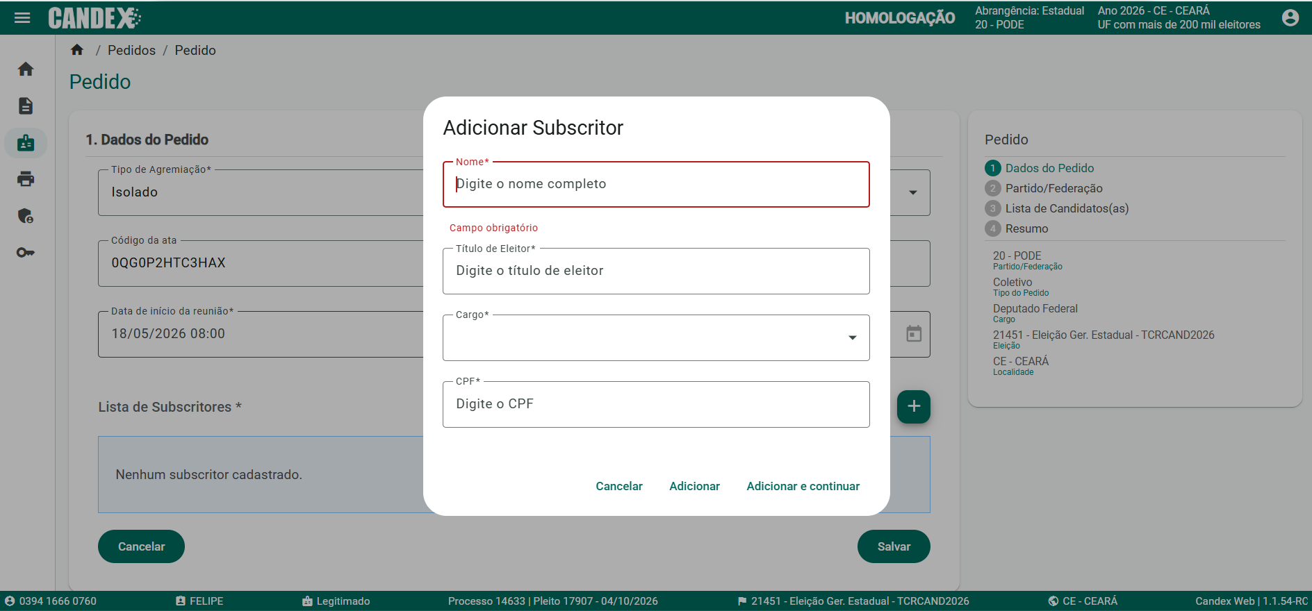 Fase 3 - Tela 6: Adicionar Subscritor
