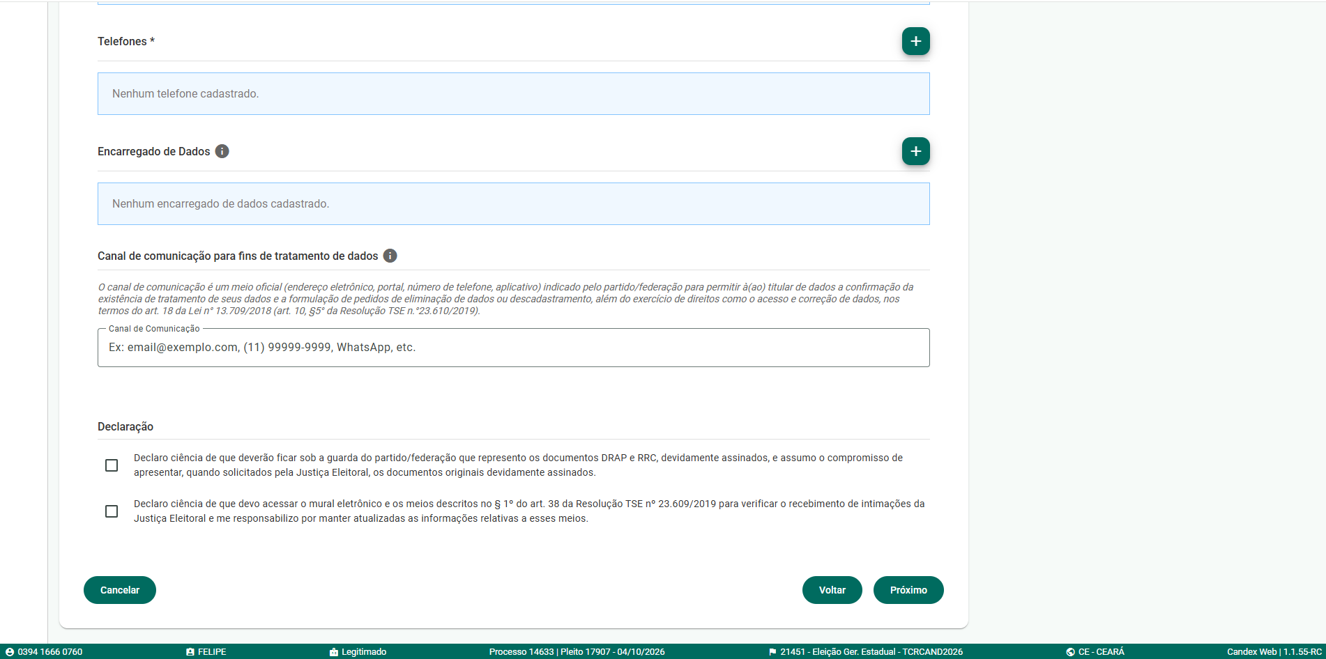 Fase 3 - Tela 10: Contatos, canal de comunica��o e declara��es
